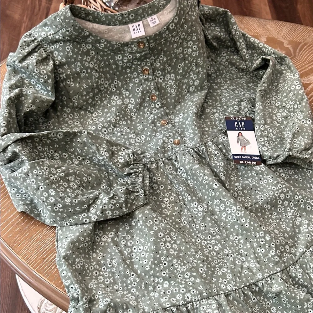 NWT! Gap Kids Girls XL Green & White Floral Long Sleeve Corduroy Dress